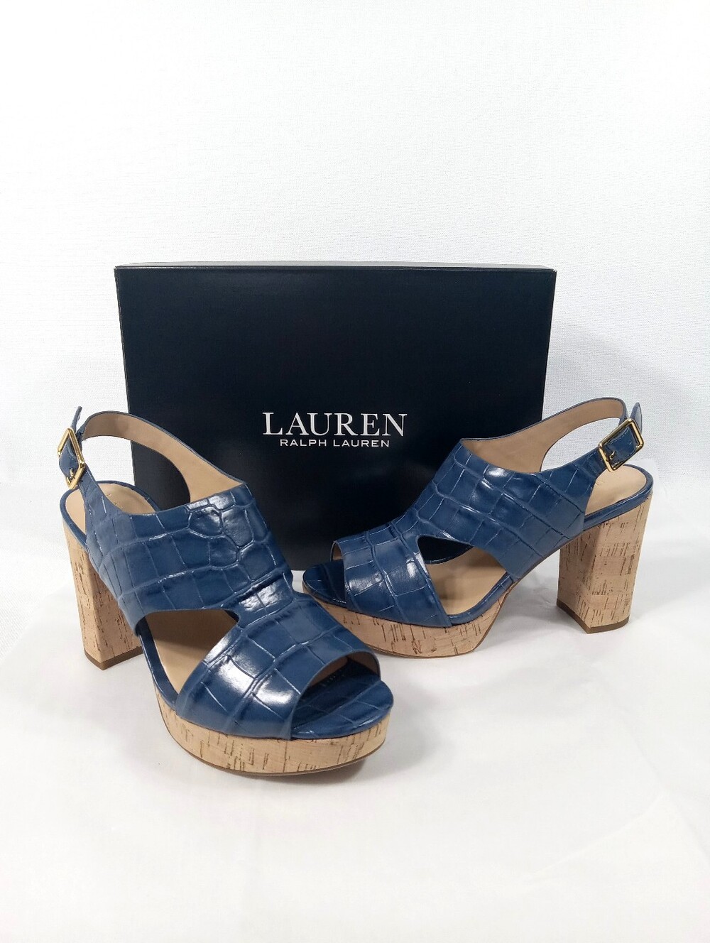 LAUREN RALPH LAUREN Feona Croc-Embossed Blue Leather Slingback Womens Size 6.5